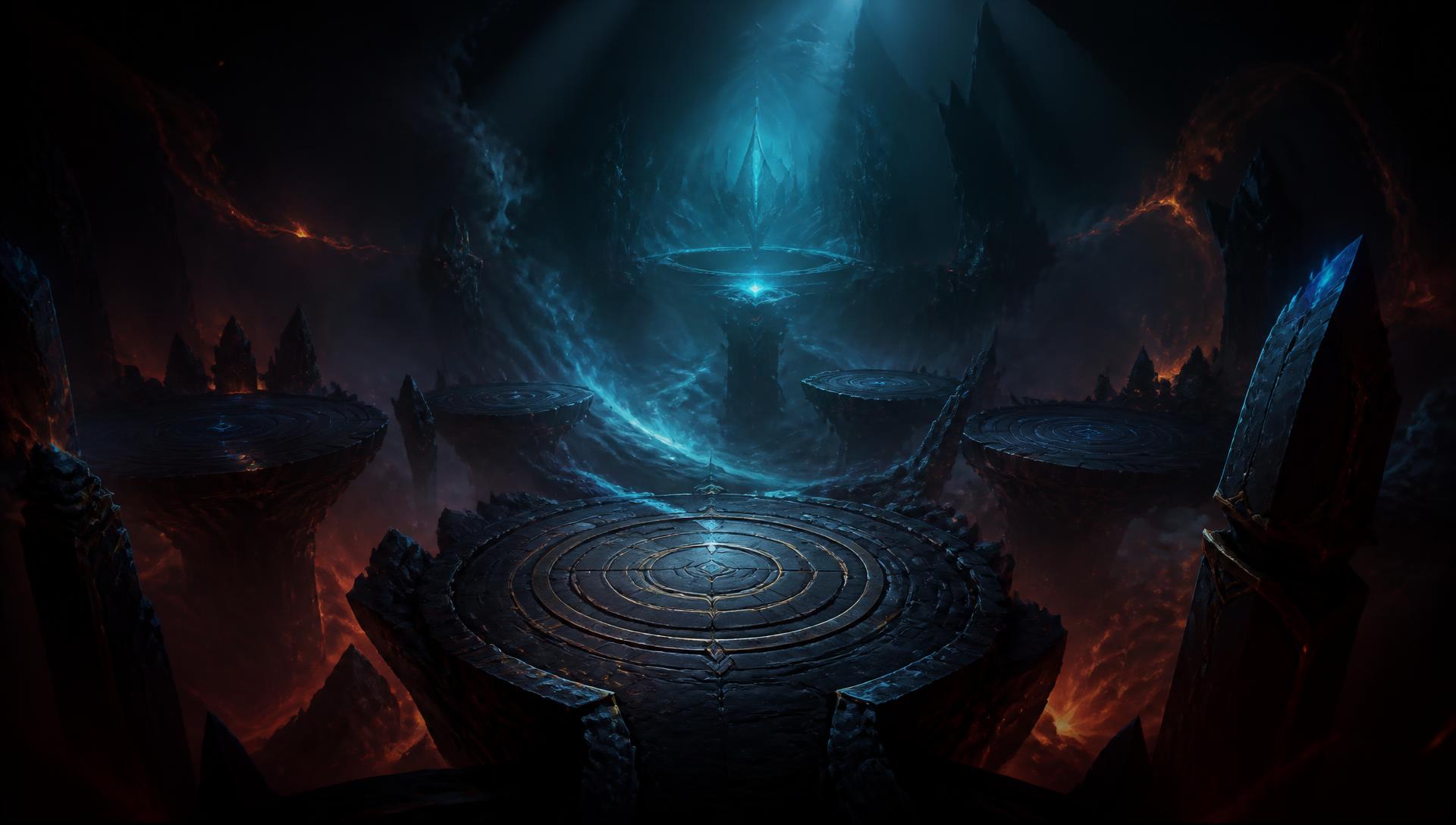 Abstract fantasy arena with ember and arcane lighting